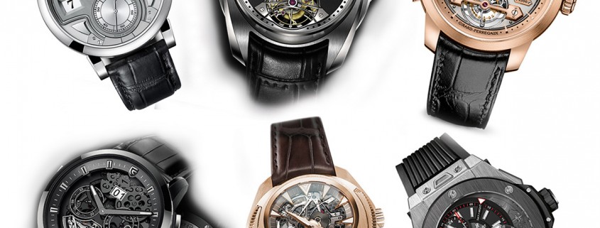 Striking watches pre-selected for the 2015 GPHG. Clockwise from top left: A. Lange & Söhne Zeitwerk Minute Repeater, Akrivia Tourbillon Chiming Jump Hour, Girard-Perregaux Minute Repeater Tourbillon with Gold Bridges, Hublot Big Bang Alarm Repeater, Franc Vila Inaccessible Tourbillon Minute Repeater and Christophe Claret Allegro